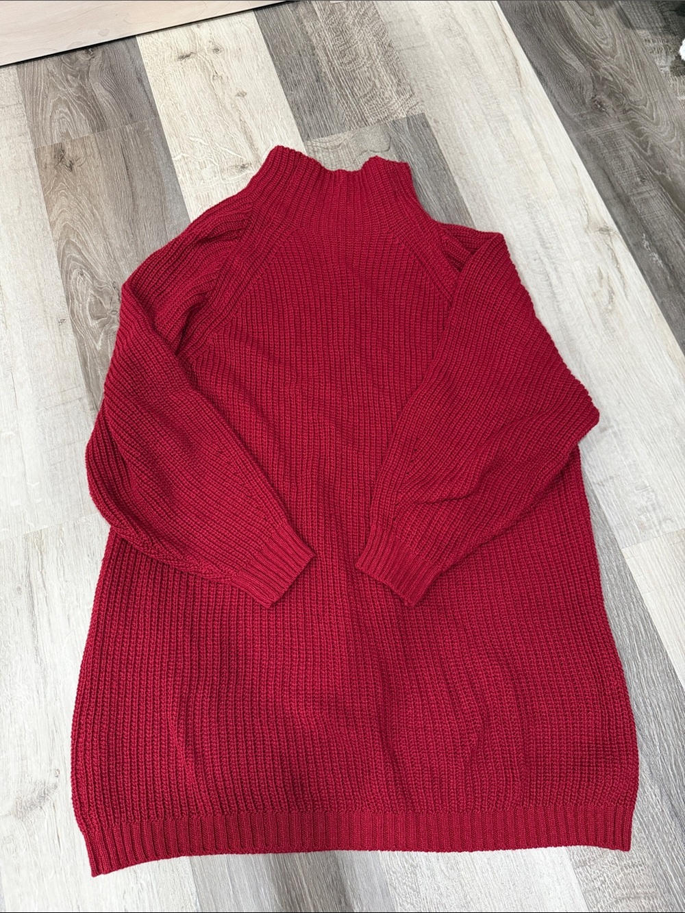 Red Mock Neck Ribbed Sweater Dress